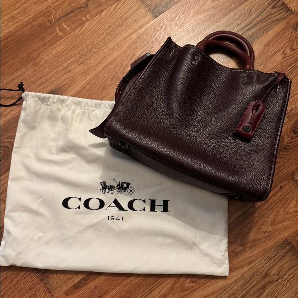 Coach Rogue Oxblood Brown Pebble Leather Red Suede Lining Satchel Handbag